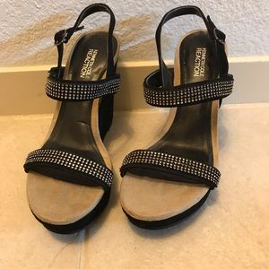 Kenneth Cole Reaction black suede rhinestone wedge sandals Size 8